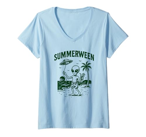 Damen Summerween Sommer Halloween Alien Summerween Alien T-Shirt mit V-Ausschnitt Damen Summerween Sommer Halloween Alien Summerween Alien T-Shirt mit V-Ausschnitt von Summer Ween Beach Vacation Co.