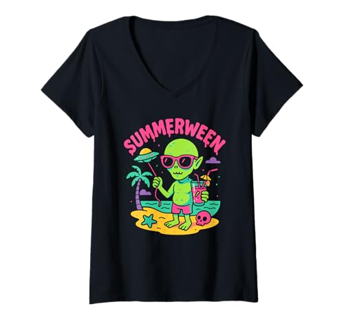 Damen Summerween Sommer Halloween Alien Summerween Alien T-Shirt mit V-Ausschnitt Damen Summerween Sommer Halloween Alien Summerween Alien T-Shirt mit V-Ausschnitt von Summer Ween Beach Vacation Co.