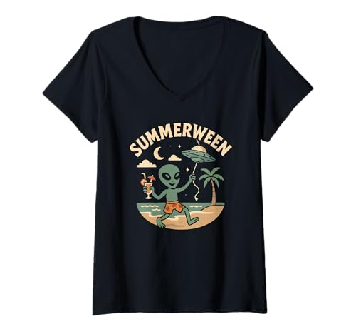 Damen Summerween Sommer Halloween Alien Summerween Alien T-Shirt mit V-Ausschnitt Damen Summerween Sommer Halloween Alien Summerween Alien T-Shirt mit V-Ausschnitt von Summer Ween Beach Vacation Co.