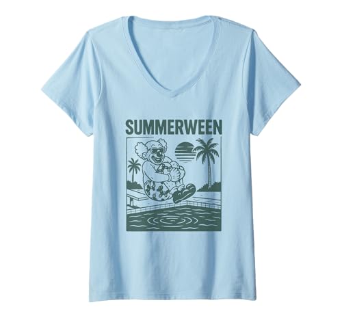 Damen Summerween Sommer Halloween-Clown Summerween Clown T-Shirt mit V-Ausschnitt Damen Summerween Sommer Halloween-Clown Summerween Clown T-Shirt mit V-Ausschnitt von Summer Ween Beach Vacation Co.