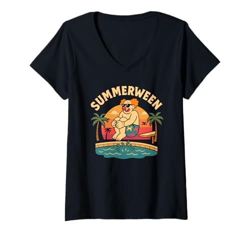 Damen Summerween Sommer Halloween-Clown Summerween Clown T-Shirt mit V-Ausschnitt Damen Summerween Sommer Halloween-Clown Summerween Clown T-Shirt mit V-Ausschnitt von Summer Ween Beach Vacation Co.