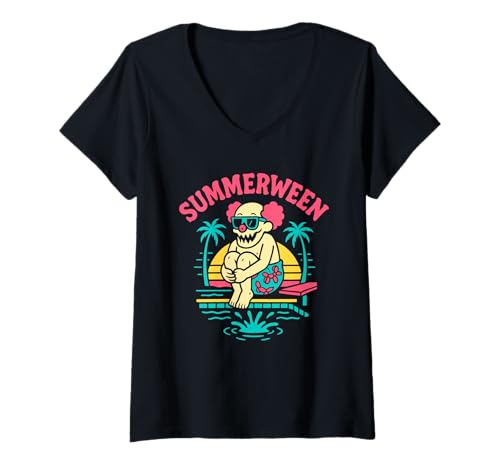 Damen Summerween Sommer Halloween-Clown Summerween Clown T-Shirt mit V-Ausschnitt von Summer Ween Beach Vacation Co.