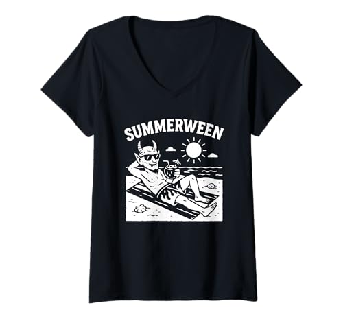 Damen Summerween Sommer Halloween Dämon Summerween T-Shirt mit V-Ausschnitt Damen Summerween Sommer Halloween Dämon Summerween T-Shirt mit V-Ausschnitt von Summer Ween Beach Vacation Co.