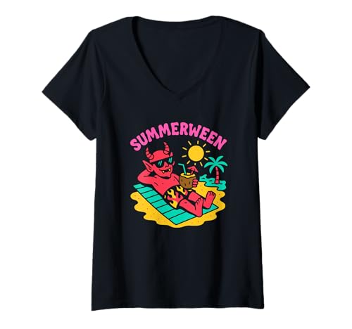Damen Summerween Sommer Halloween Dämon Summerween T-Shirt mit V-Ausschnitt Damen Summerween Sommer Halloween Dämon Summerween T-Shirt mit V-Ausschnitt von Summer Ween Beach Vacation Co.