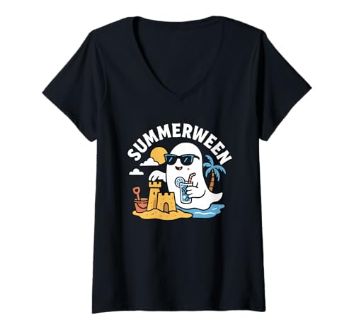 Damen Summerween Sommer Halloween Ghost Summerween T-Shirt mit V-Ausschnitt Damen Summerween Sommer Halloween Ghost Summerween T-Shirt mit V-Ausschnitt von Summer Ween Beach Vacation Co.