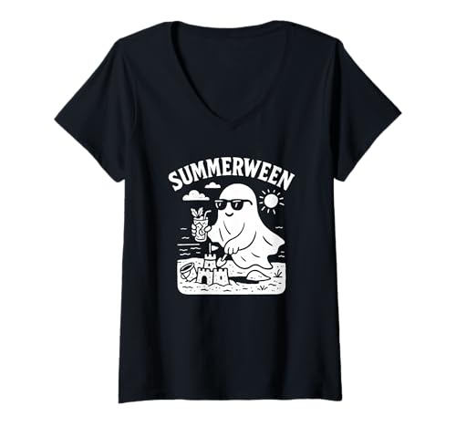 Damen Summerween Sommer Halloween Ghost Summerween T-Shirt mit V-Ausschnitt Damen Summerween Sommer Halloween Ghost Summerween T-Shirt mit V-Ausschnitt von Summer Ween Beach Vacation Co.