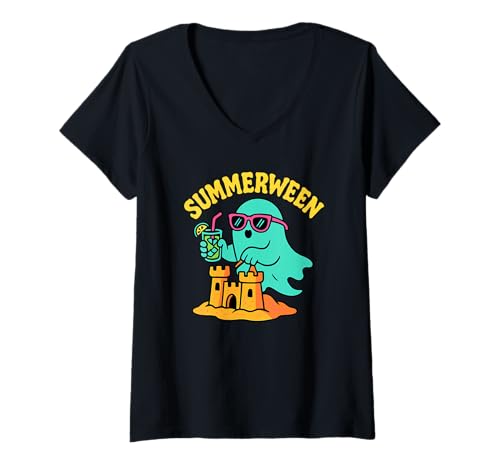 Damen Summerween Sommer Halloween Ghost Summerween T-Shirt mit V-Ausschnitt Damen Summerween Sommer Halloween Ghost Summerween T-Shirt mit V-Ausschnitt von Summer Ween Beach Vacation Co.