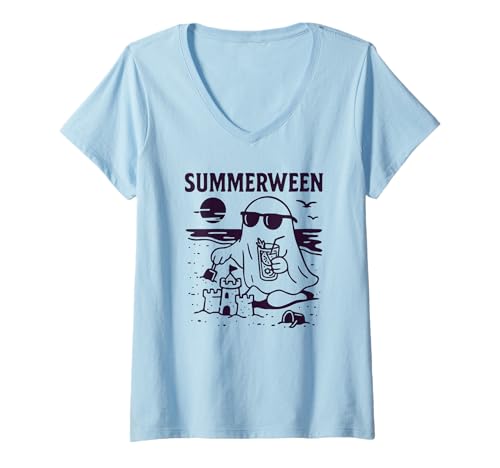 Damen Summerween Sommer Halloween Ghost Summerween T-Shirt mit V-Ausschnitt Damen Summerween Sommer Halloween Ghost Summerween T-Shirt mit V-Ausschnitt von Summer Ween Beach Vacation Co.