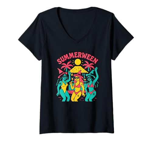 Damen Summerween Sommer Halloween Hexe Summerween Hexe T-Shirt mit V-Ausschnitt Damen Summerween Sommer Halloween Hexe Summerween Hexe T-Shirt mit V-Ausschnitt von Summer Ween Beach Vacation Co.