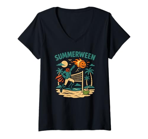 Damen Summerween Sommer Halloween Kürbis Summerween T-Shirt mit V-Ausschnitt Damen Summerween Sommer Halloween Kürbis Summerween T-Shirt mit V-Ausschnitt von Summer Ween Beach Vacation Co.