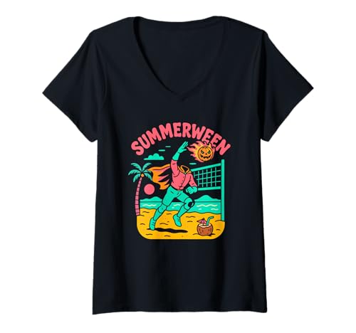 Damen Summerween Sommer Halloween Kürbis Summerween T-Shirt mit V-Ausschnitt Damen Summerween Sommer Halloween Kürbis Summerween T-Shirt mit V-Ausschnitt von Summer Ween Beach Vacation Co.