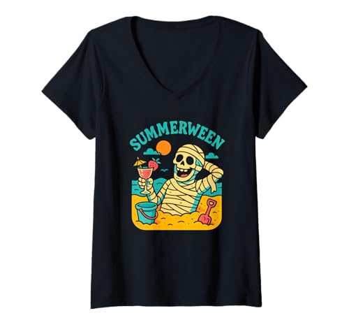 Damen Summerween Sommer Halloween Mummy Summerween T-Shirt mit V-Ausschnitt Damen Summerween Sommer Halloween Mummy Summerween T-Shirt mit V-Ausschnitt von Summer Ween Beach Vacation Co.
