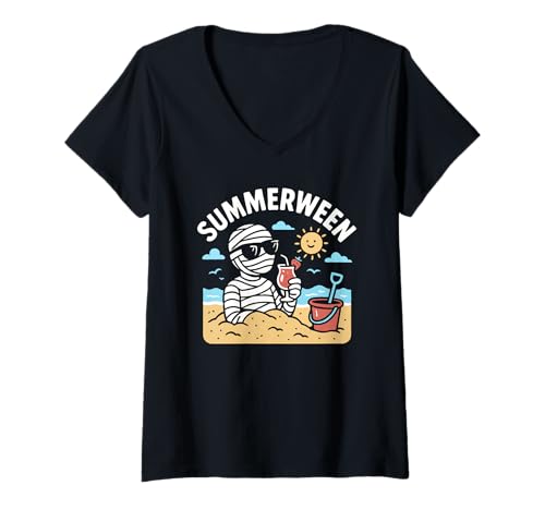 Damen Summerween Sommer Halloween Mummy Summerween T-Shirt mit V-Ausschnitt Damen Summerween Sommer Halloween Mummy Summerween T-Shirt mit V-Ausschnitt von Summer Ween Beach Vacation Co.