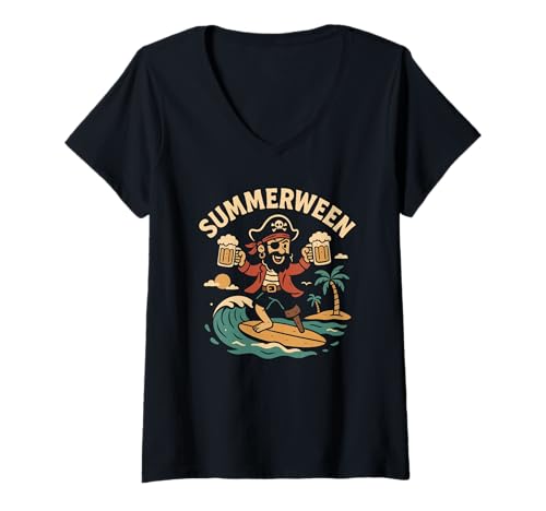 Damen Summerween Sommer Halloween Pirat Summerween T-Shirt mit V-Ausschnitt Damen Summerween Sommer Halloween Pirat Summerween T-Shirt mit V-Ausschnitt von Summer Ween Beach Vacation Co.
