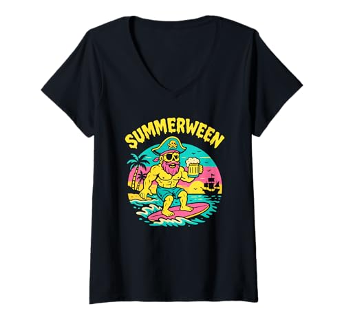 Damen Summerween Sommer Halloween Pirat Summerween T-Shirt mit V-Ausschnitt Damen Summerween Sommer Halloween Pirat Summerween T-Shirt mit V-Ausschnitt von Summer Ween Beach Vacation Co.