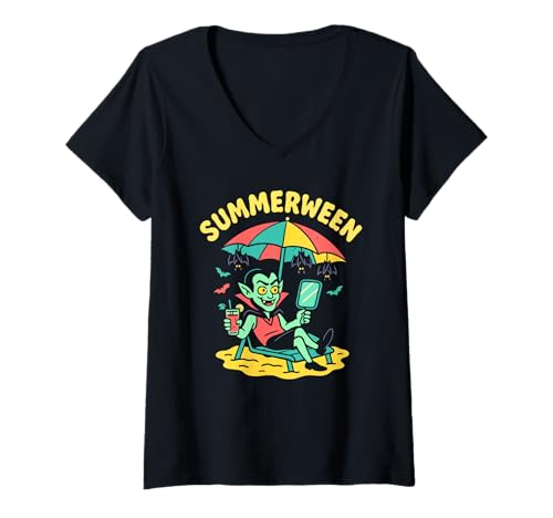 Damen Summerween Sommer Halloween Vampir Summerween T-Shirt mit V-Ausschnitt Damen Summerween Sommer Halloween Vampir Summerween T-Shirt mit V-Ausschnitt von Summer Ween Beach Vacation Co.