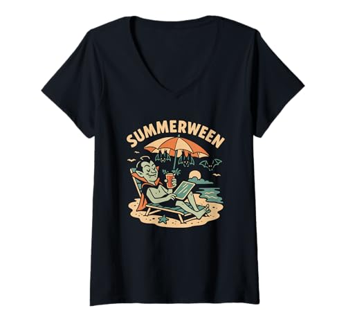 Damen Summerween Sommer Halloween Vampir Summerween T-Shirt mit V-Ausschnitt Damen Summerween Sommer Halloween Vampir Summerween T-Shirt mit V-Ausschnitt von Summer Ween Beach Vacation Co.