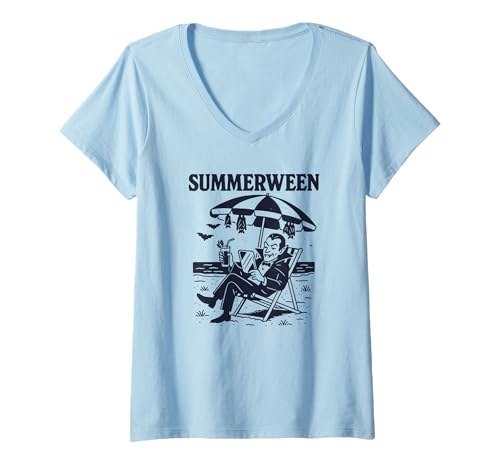 Damen Summerween Sommer Halloween Vampir Summerween T-Shirt mit V-Ausschnitt Damen Summerween Sommer Halloween Vampir Summerween T-Shirt mit V-Ausschnitt von Summer Ween Beach Vacation Co.