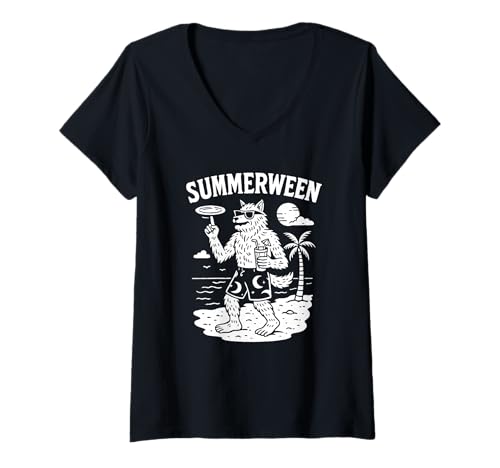 Damen Summerween Sommer Halloween Werwolf Summerween T-Shirt mit V-Ausschnitt Damen Summerween Sommer Halloween Werwolf Summerween T-Shirt mit V-Ausschnitt von Summer Ween Beach Vacation Co.