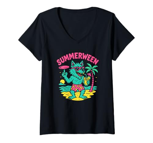 Damen Summerween Sommer Halloween Werwolf Summerween T-Shirt mit V-Ausschnitt Damen Summerween Sommer Halloween Werwolf Summerween T-Shirt mit V-Ausschnitt von Summer Ween Beach Vacation Co.