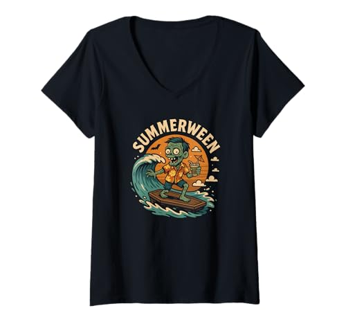 Damen Summerween Sommer Halloween Zombie Summerween T-Shirt mit V-Ausschnitt von Summer Ween Beach Vacation Co.