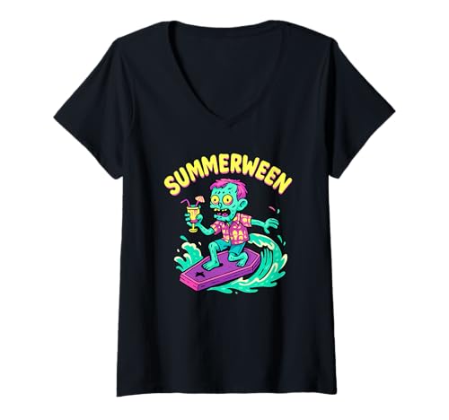 Damen Summerween Sommer Halloween Zombie Summerween T-Shirt mit V-Ausschnitt von Summer Ween Beach Vacation Co.