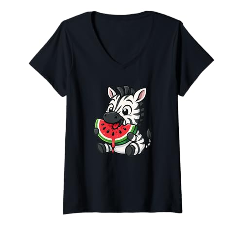 Damen Niedliches Zebra-Essen-Wassermelonen-Cartoon-Design T-Shirt mit V-Ausschnitt Damen Niedliches Zebra-Essen-Wassermelonen-Cartoon-Design T-Shirt mit V-Ausschnitt von Summer Zebra Watermelon Fun Fruits Designs