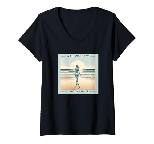 Damen Barefoot Days & Ocean Haze - Beach Doodle Design T-Shirt mit V-Ausschnitt Damen Barefoot Days & Ocean Haze - Beach Doodle Design T-Shirt mit V-Ausschnitt von Summer at the Beach Designs