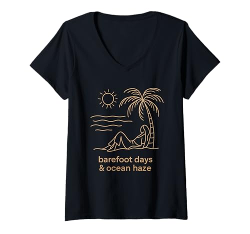 Damen Barefoot Days & Ocean Haze - Boho Beach Art T-Shirt mit V-Ausschnitt Damen Barefoot Days & Ocean Haze - Boho Beach Art T-Shirt mit V-Ausschnitt von Summer at the Beach Designs