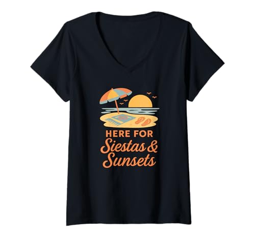 Damen Hier für Siestas & Sunsets – Minimal Summer Elements T-Shirt mit V-Ausschnitt Damen Hier für Siestas & Sunsets – Minimal Summer Elements T-Shirt mit V-Ausschnitt von Summer at the Beach Designs