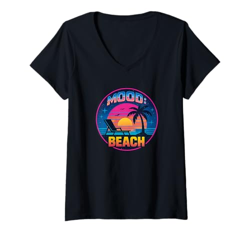 Damen Mood Beach - Retro Sonnenuntergang 80er Wellen Design T-Shirt mit V-Ausschnitt Damen Mood Beach - Retro Sonnenuntergang 80er Wellen Design T-Shirt mit V-Ausschnitt von Summer at the Beach Designs