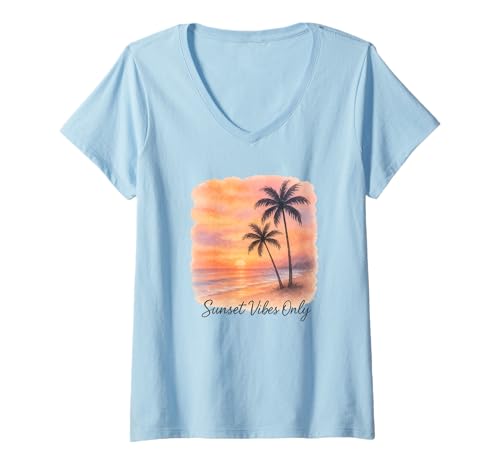 Damen Sunset Vibes Only - Aquarell Beach Design T-Shirt mit V-Ausschnitt Damen Sunset Vibes Only - Aquarell Beach Design T-Shirt mit V-Ausschnitt von Summer at the Beach Designs