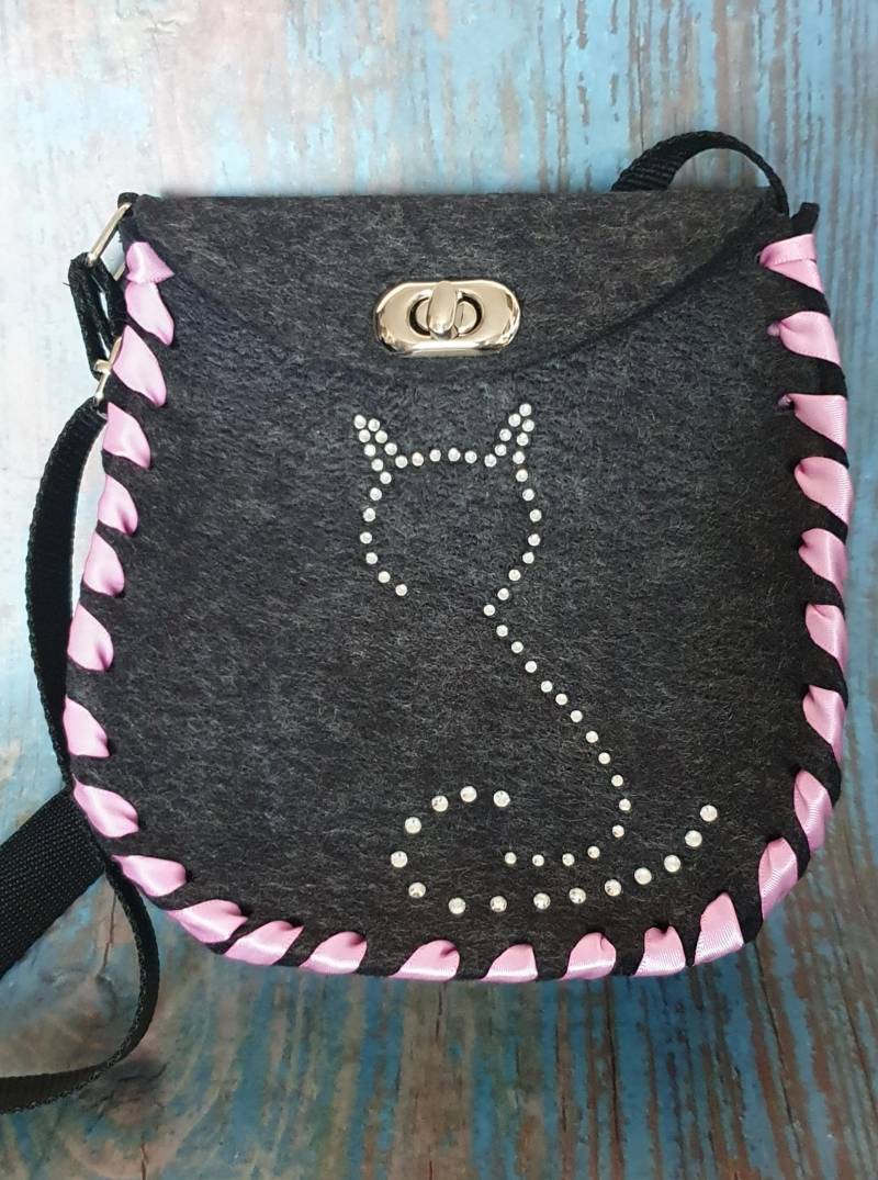 Für Katzenfans Filztasche Mit Katzenmotiv Aus Strasssteinchen, Kätzchen, Täschchen Vegan, Geschenkidee Für Katzenfans Filztasche Mit Katzenmotiv Aus Strasssteinchen, Kätzchen, Täschchen Vegan, Geschenkidee von SummerBees53