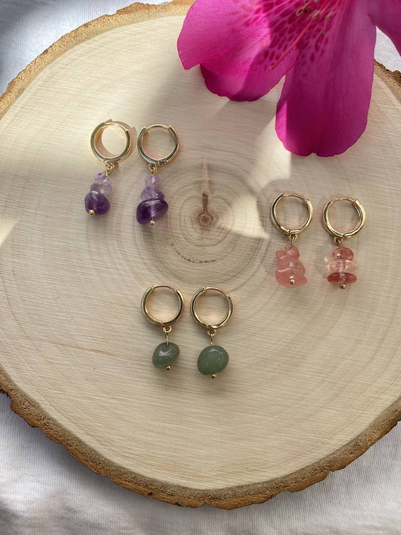 Edelstein Ohrringe, Goldene Creolen, Melonen Quarz, Amethyst, Aventurine von SummersoulShop