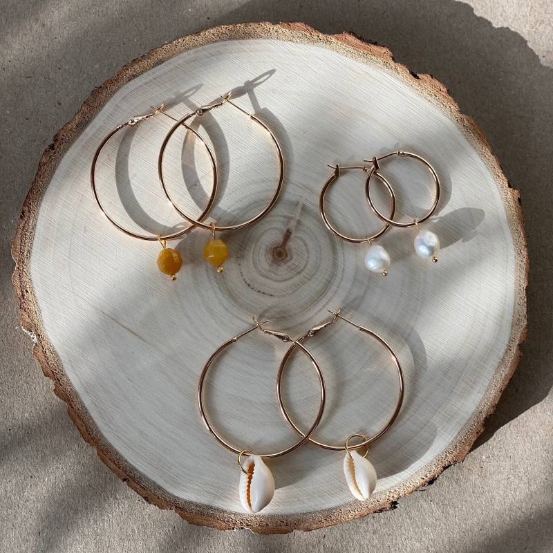 Edelstein Ohrringe, Goldene Creolen, Rosenquarz, Türkis, Mondstein, Amethyst, Aventurine von SummersoulShop