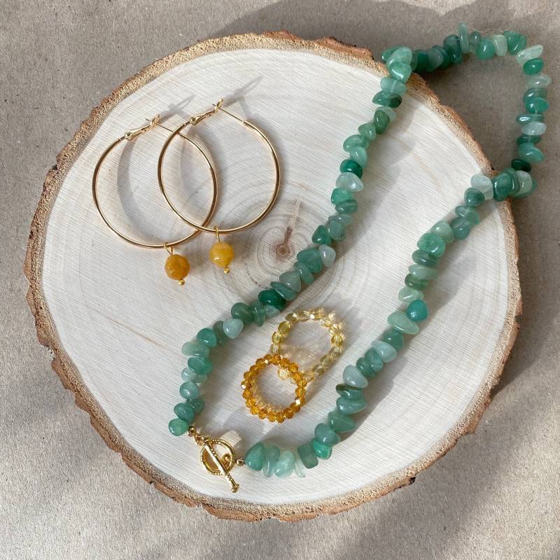 Edelstein Set, Mit Einer Aventurin Kette, Ohrringe Einem Jade Anhänger Und Zwei Ringen von SummersoulShop