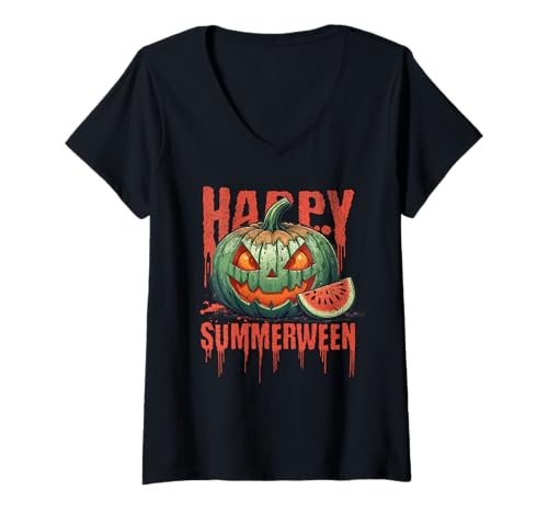 Damen Happy Summerween Wassermelonen-Kürbis-Vibes T-Shirt mit V-Ausschnitt von Summerween Fashion