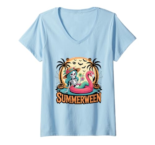 Damen Summerween Halloween Sommer Skelett Flamingo Damen Mädchen Herren T-Shirt mit V-Ausschnitt von Summerween For Toddler Kids Girls