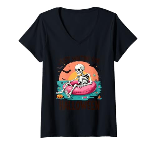 Damen Summerween Just Waiting for Halloween Skelett Sunset T-Shirt mit V-Ausschnitt von Summerween Fun Skeleton Vibes Waiting Halloween
