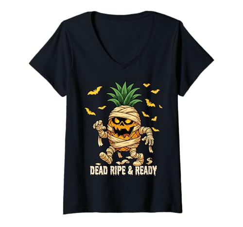 Damen Dead Ripe and Ready Funny Ananas Mummy Art T-Shirt mit V-Ausschnitt Damen Dead Ripe and Ready Funny Ananas Mummy Art T-Shirt mit V-Ausschnitt von Summerween Fun Vibes by NLTS