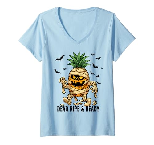 Damen Dead Ripe and Ready Funny Ananas Mummy Art T-Shirt mit V-Ausschnitt Damen Dead Ripe and Ready Funny Ananas Mummy Art T-Shirt mit V-Ausschnitt von Summerween Fun Vibes by NLTS