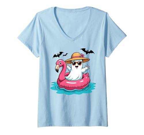 Damen Ghost in Flamingo Floatie Summerween T-Shirt mit V-Ausschnitt Damen Ghost in Flamingo Floatie Summerween T-Shirt mit V-Ausschnitt von Summerween Fun Vibes by NLTS