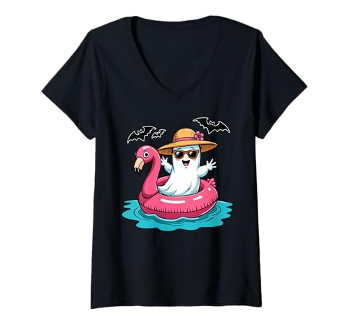Damen Ghost in Flamingo Floatie Summerween T-Shirt mit V-Ausschnitt Damen Ghost in Flamingo Floatie Summerween T-Shirt mit V-Ausschnitt von Summerween Fun Vibes by NLTS