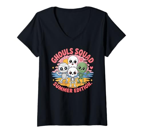 Damen Ghouls Squad Süße Sommermonster Kawaii Halloween Strand T-Shirt mit V-Ausschnitt Damen Ghouls Squad Süße Sommermonster Kawaii Halloween Strand T-Shirt mit V-Ausschnitt von Summerween Fun Vibes by NLTS
