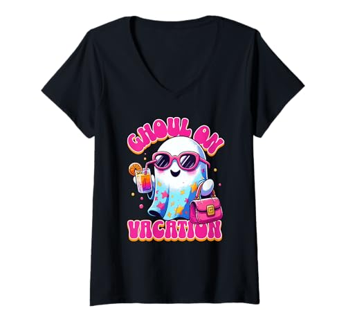 Damen Ghul im Urlaub Summerween Cute Ghost Tropical Getaway T-Shirt mit V-Ausschnitt Damen Ghul im Urlaub Summerween Cute Ghost Tropical Getaway T-Shirt mit V-Ausschnitt von Summerween Fun Vibes by NLTS