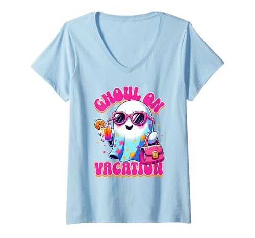 Damen Ghul im Urlaub Summerween Cute Ghost Tropical Getaway T-Shirt mit V-Ausschnitt Damen Ghul im Urlaub Summerween Cute Ghost Tropical Getaway T-Shirt mit V-Ausschnitt von Summerween Fun Vibes by NLTS