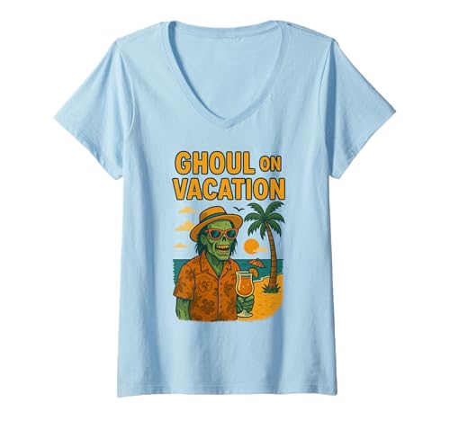 Damen Ghul im Urlaub Tropischer Zombie Funny Beach T-Shirt mit V-Ausschnitt Damen Ghul im Urlaub Tropischer Zombie Funny Beach T-Shirt mit V-Ausschnitt von Summerween Fun Vibes by NLTS
