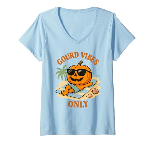 Damen Gourd Vibes Only Lustiger Strandkürbis Halloween-Sommer T-Shirt mit V-Ausschnitt Damen Gourd Vibes Only Lustiger Strandkürbis Halloween-Sommer T-Shirt mit V-Ausschnitt von Summerween Fun Vibes by NLTS