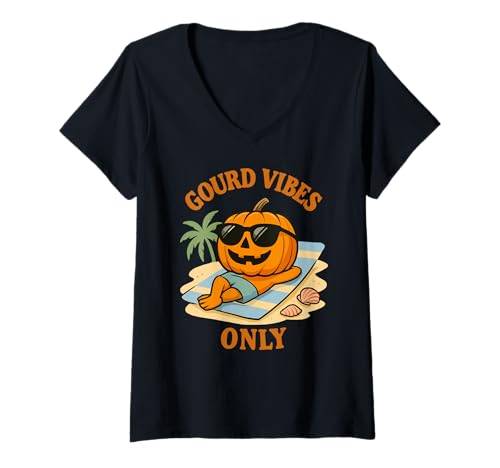 Damen Gourd Vibes Only Lustiger Strandkürbis Halloween-Sommer T-Shirt mit V-Ausschnitt Damen Gourd Vibes Only Lustiger Strandkürbis Halloween-Sommer T-Shirt mit V-Ausschnitt von Summerween Fun Vibes by NLTS