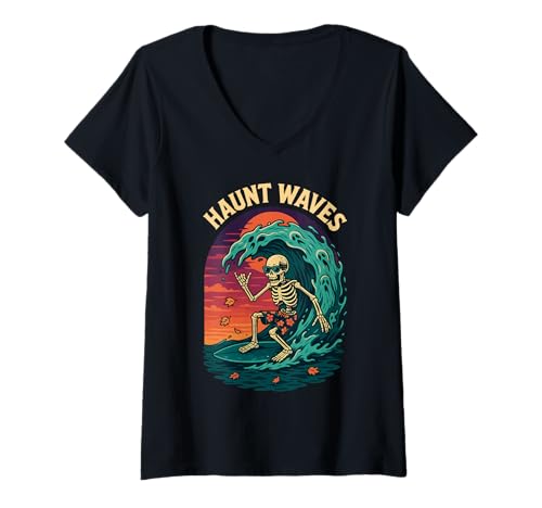 Damen Haunt Waves Skelett Surfer Reiten Ghost Wave T-Shirt mit V-Ausschnitt Damen Haunt Waves Skelett Surfer Reiten Ghost Wave T-Shirt mit V-Ausschnitt von Summerween Fun Vibes by NLTS